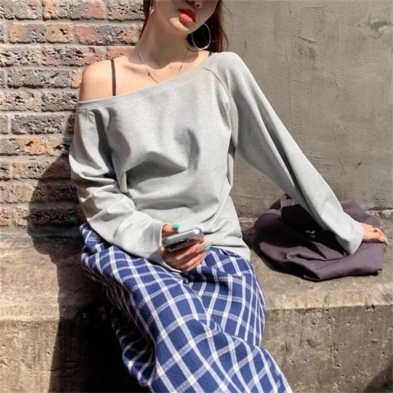 Skew Collar Off-Shoulder Long Sleeve Tee