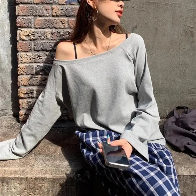 Skew Collar Off-Shoulder Long Sleeve Tee