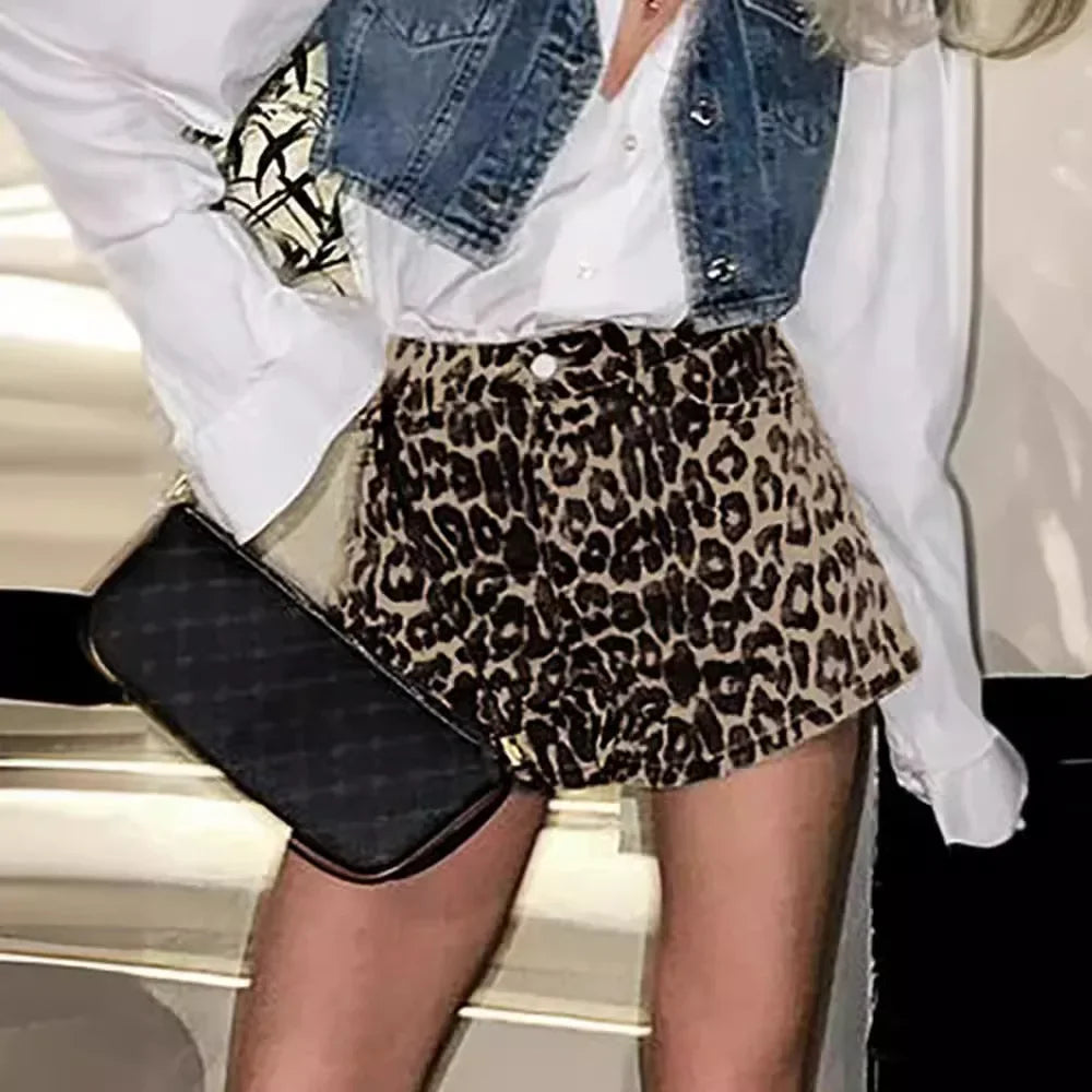 Leopard Print Denim Shorts