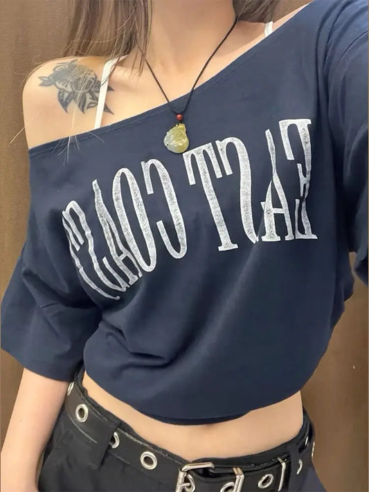 Vintage Off-Shoulder Oversized Crop Top